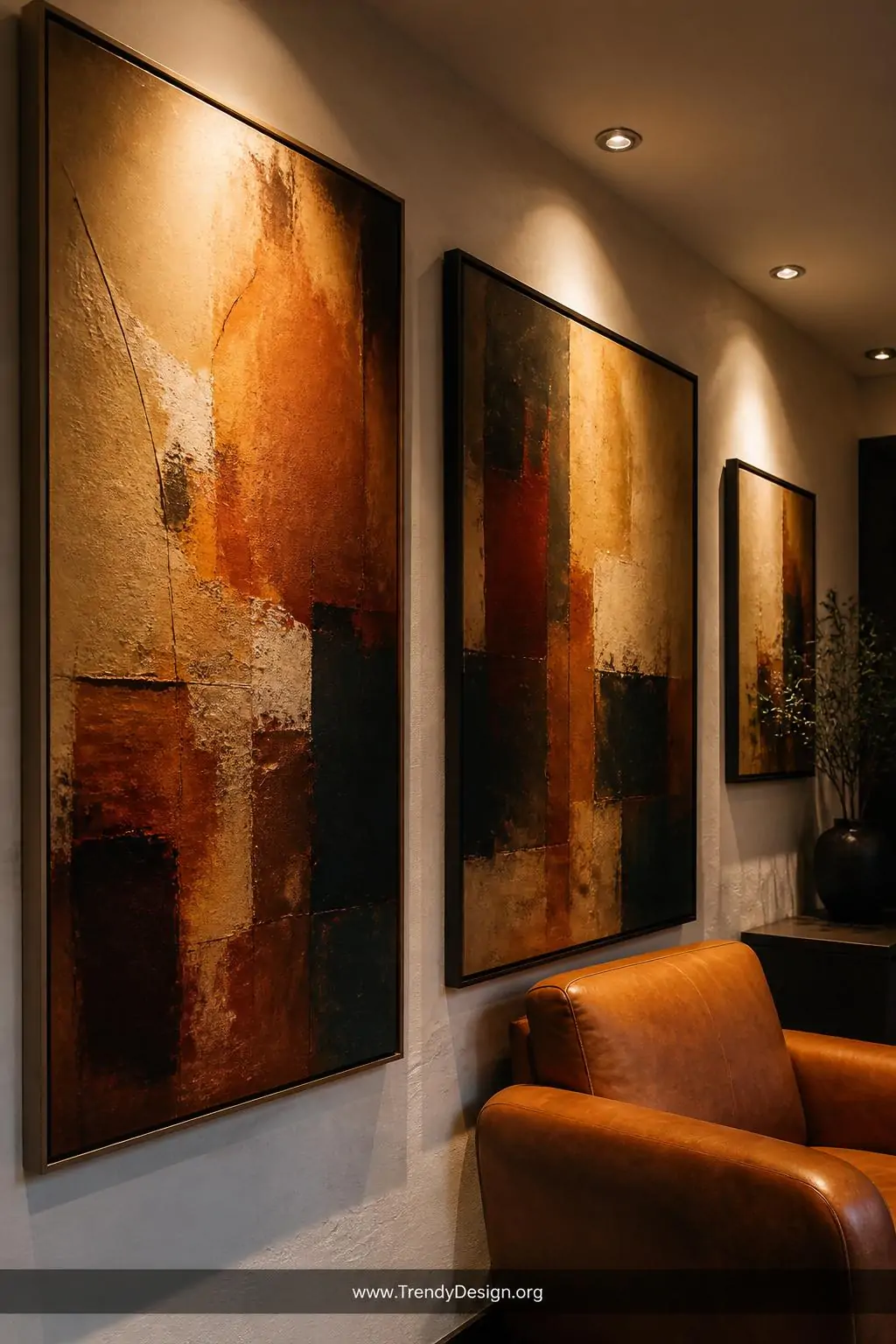 A close-up photorealistic interior shot of a living room gallery wall where adjustable gimbal recessed fixtures are angled at