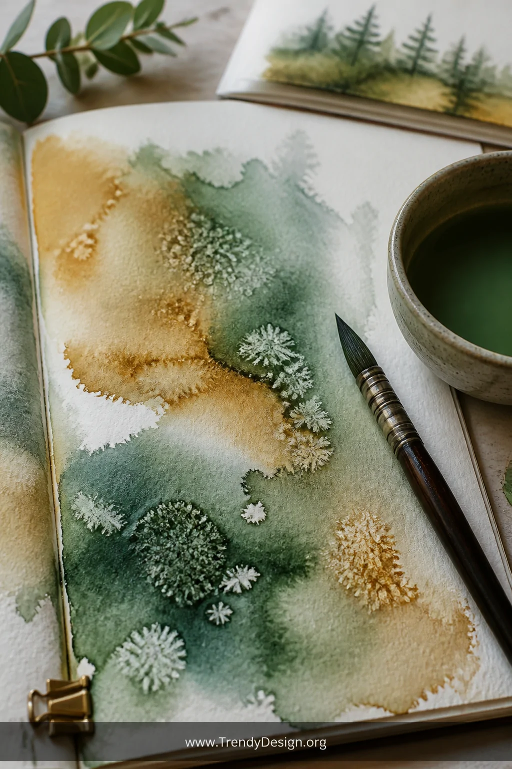A close-up detail shot of an open watercolor scrapbook page mid-drying, showing loose misty forest green and golden amber was