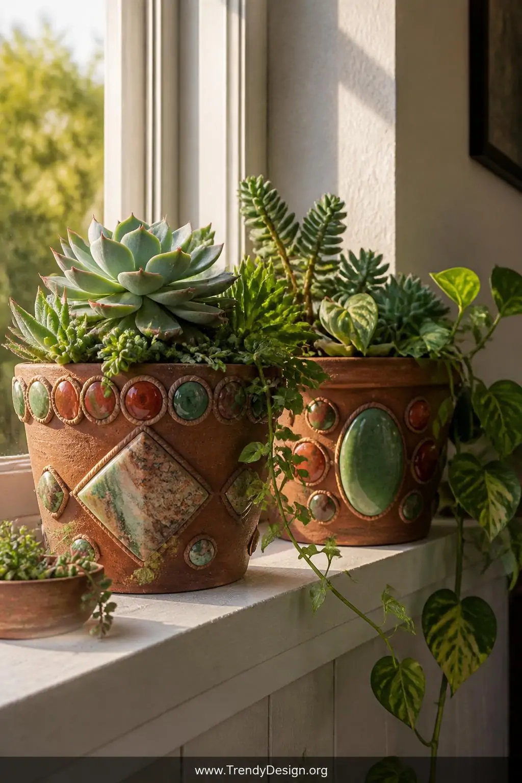 A medium-shot sunlit windowsill vignette displaying terracotta planters embellished with geometric arrangements of jasper, ca