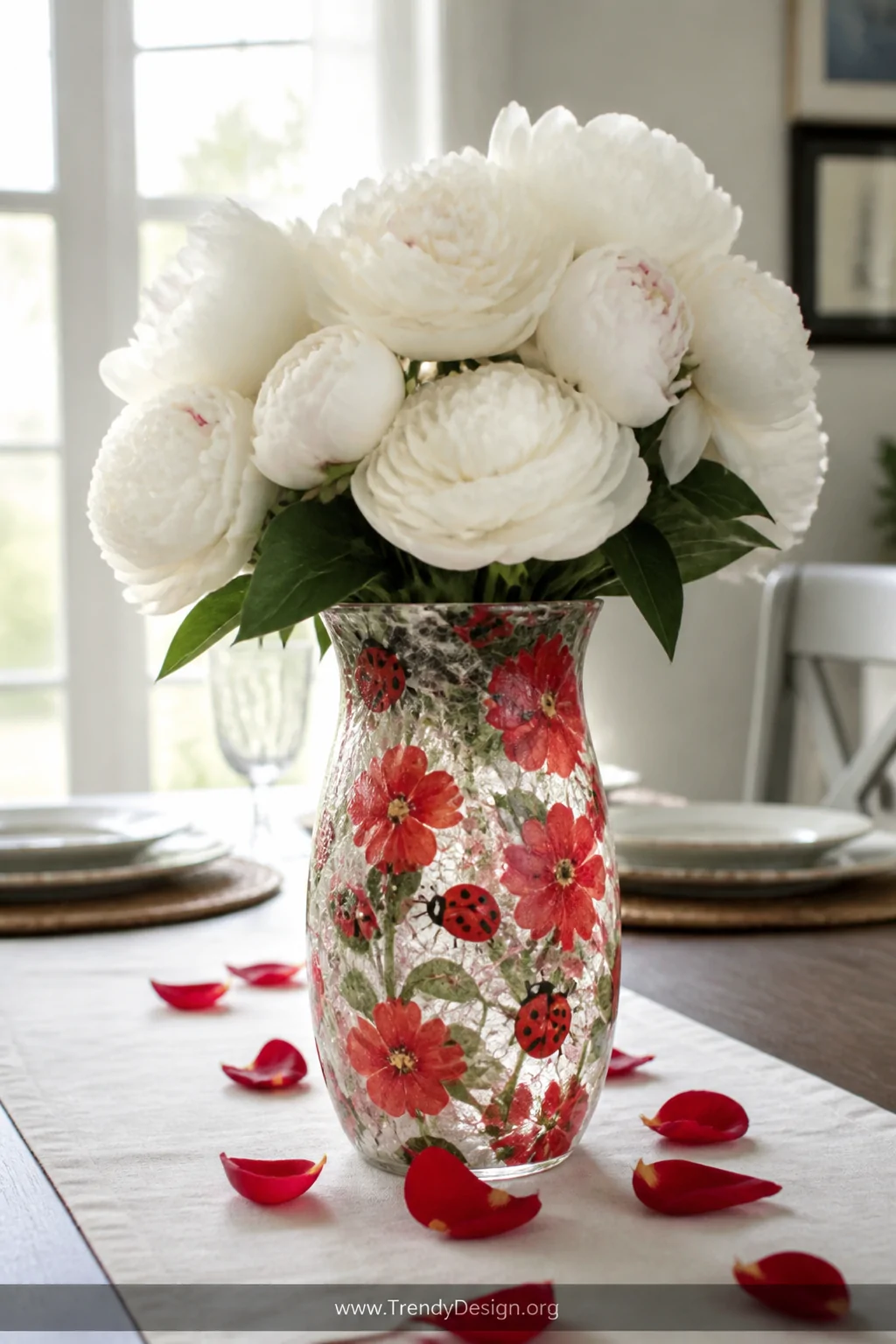 A styled dining table vignette featuring a clear glass vase covered in layered ladybug and red floral decoupage tissue paper 