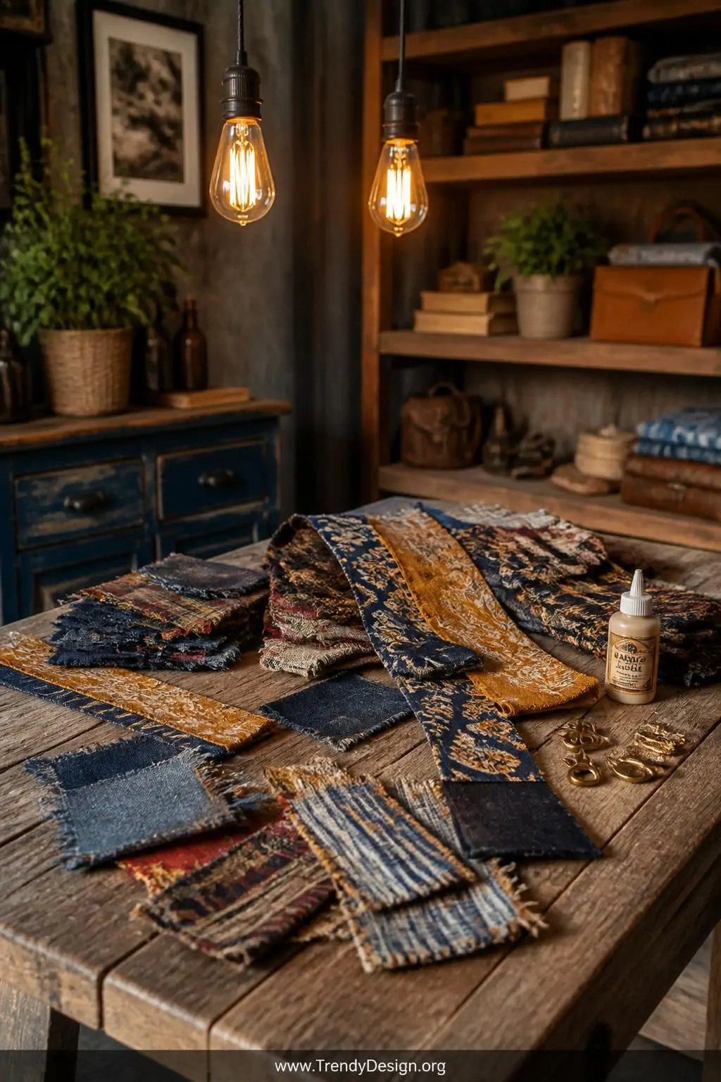A medium shot shows a rustic reclaimed wood table covered in strips of vintage silk scarf fabric in faded indigo and ochre, f