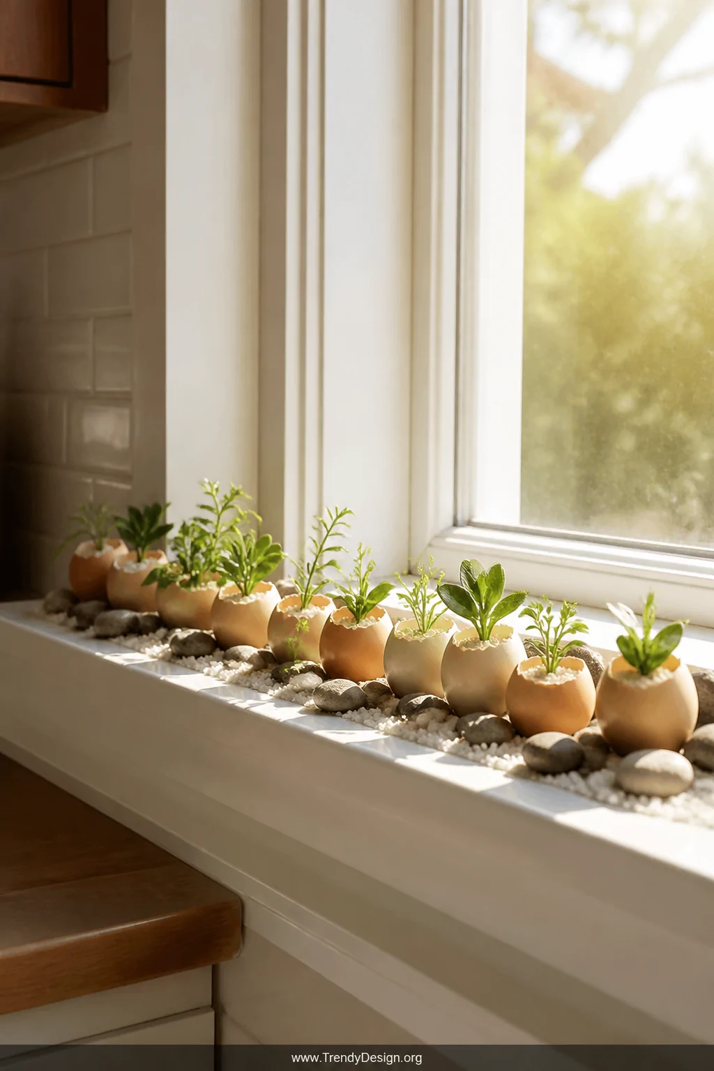 Medium shot of a bright kitchen windowsill bathed in golden morning sunlight, lined with neat rows of half eggshells nestled 