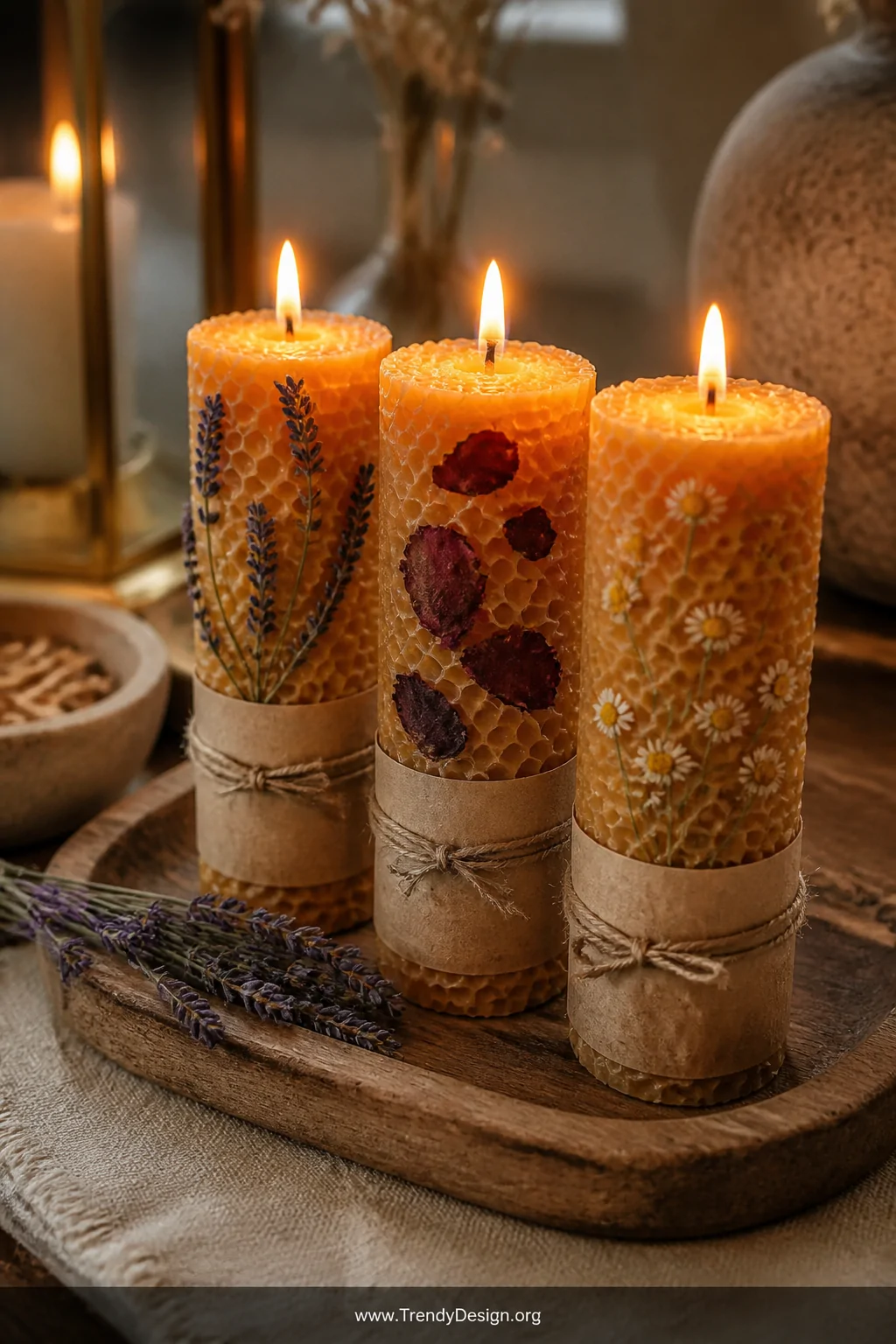 A close-up photorealistic detail shot of a rustic wooden tray on a linen-dressed side table displaying three hand-rolled bees