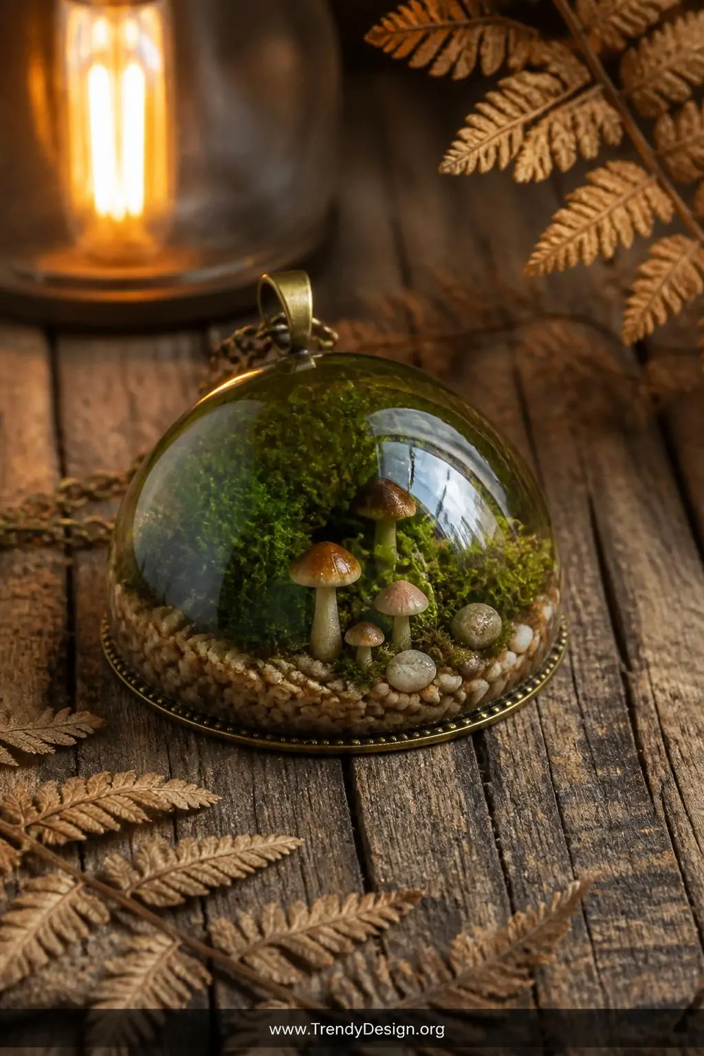A closeup of a dome-shaped resin mold revealing layered miniature preserved moss in forest green, tiny cream and brown pebble