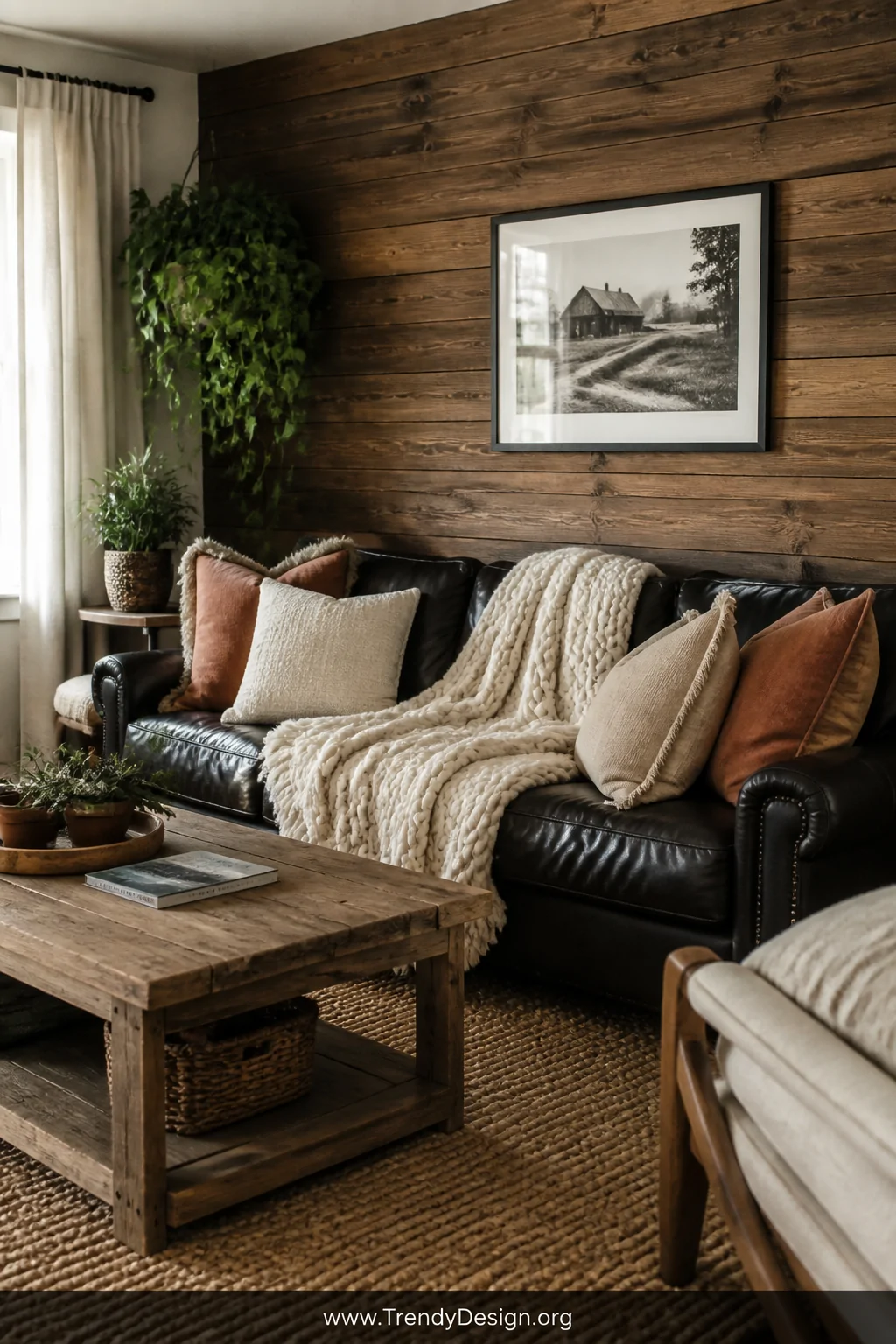 Medium photorealistic interior shot of a cozy rustic farmhouse living room with a black leather couch draped in a chunky crea
