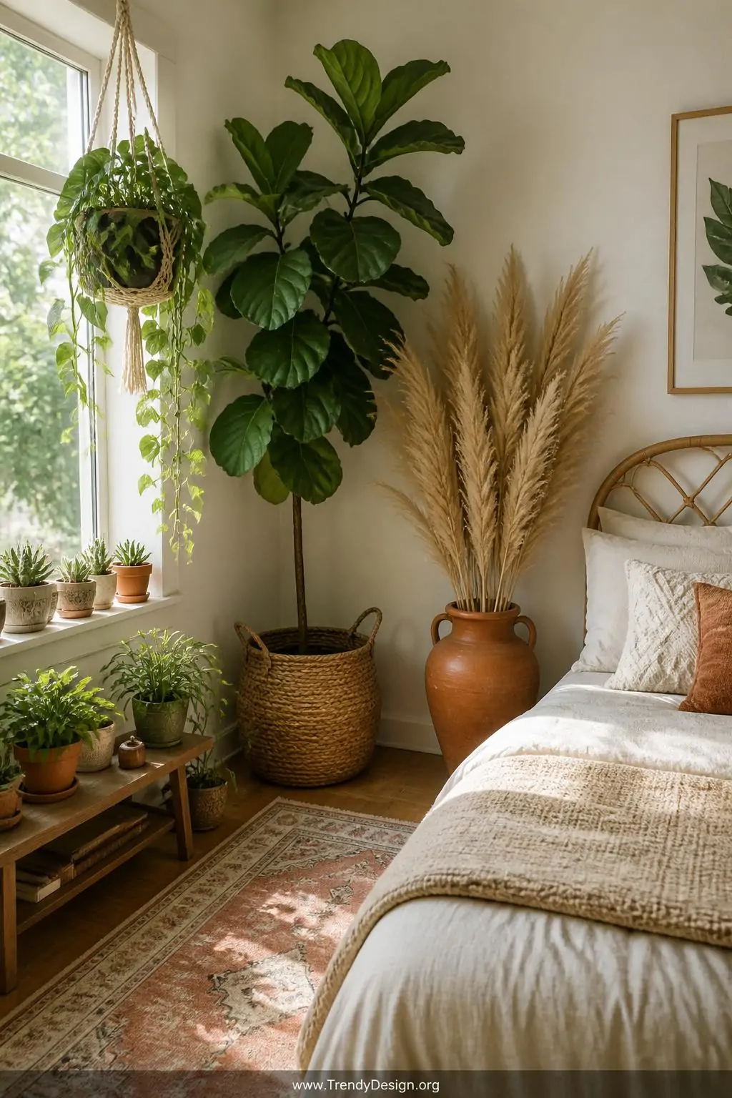 Wide photorealistic boho bedroom interior overflowing with lush greenery, featuring a towering fiddle leaf fig in a woven bas