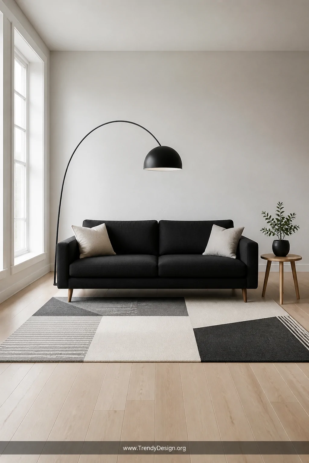 Wide shot of a serene Scandinavian minimalist living room with a clean-lined black sofa sitting on pale light oak hardwood fl