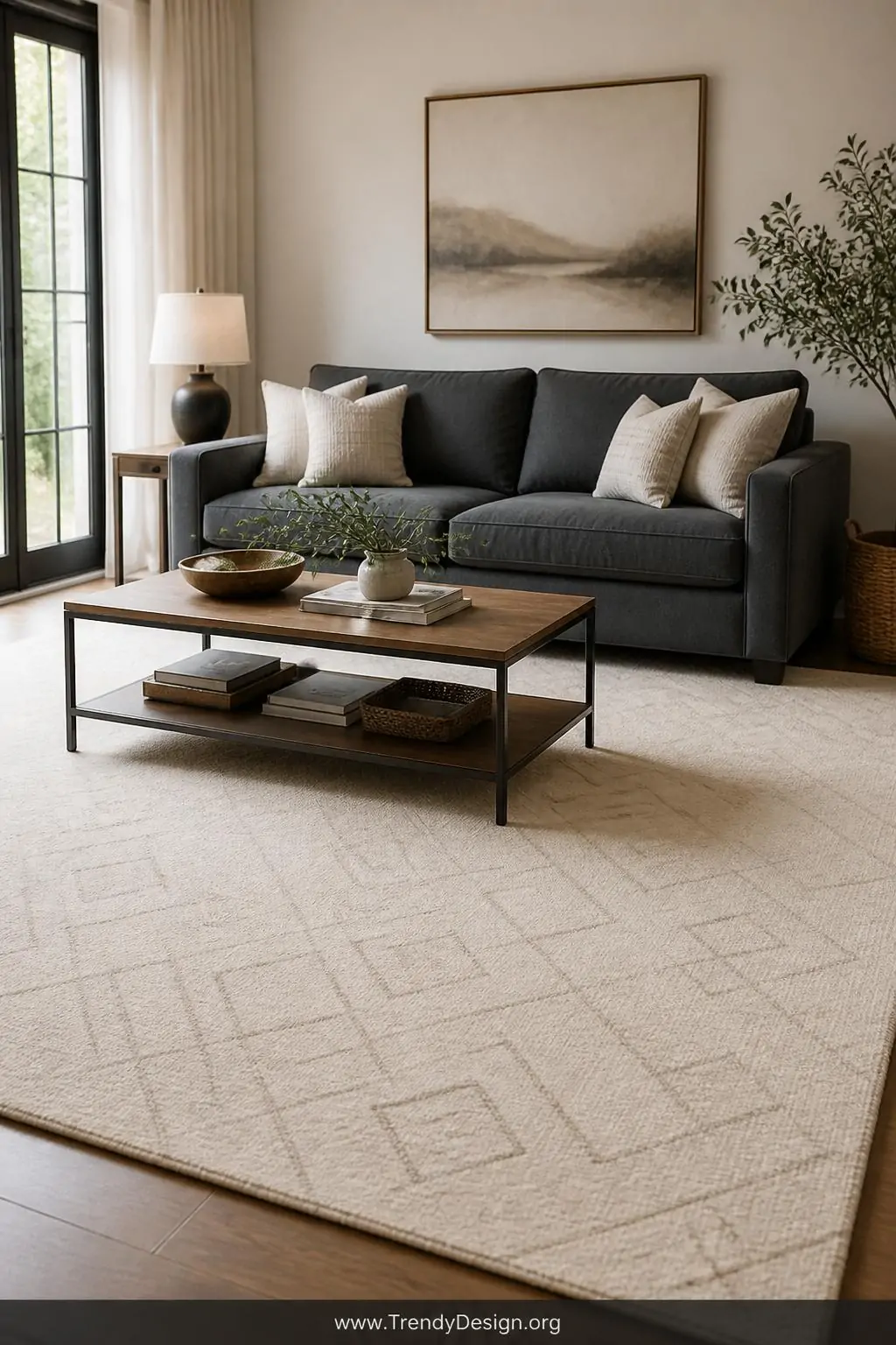 Wide photorealistic interior shot of a neutral living room anchored by a large cream and warm sand wool area rug measuring at
