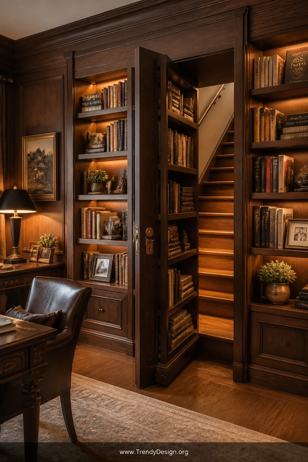 Wide photorealistic interior shot of a sophisticated home library with floor-to-ceiling built-in bookshelves styled with hard
