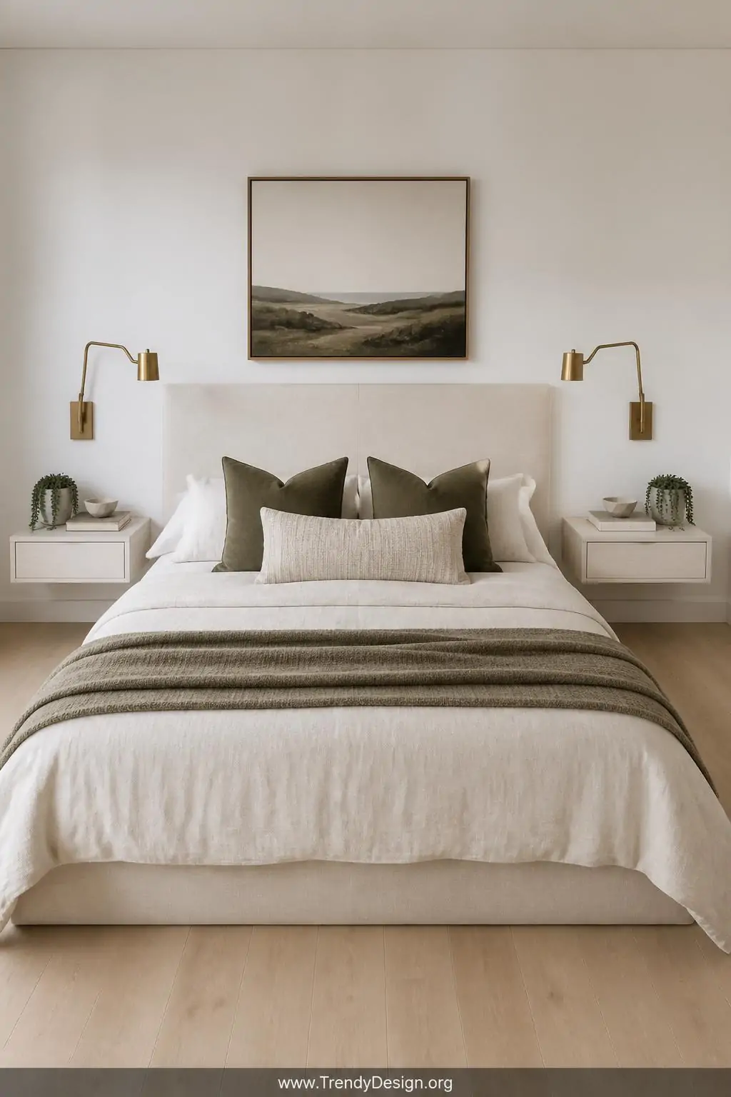 Medium photorealistic interior design shot of a minimalist small bedroom with two floating whitewashed ash wood nightstands w