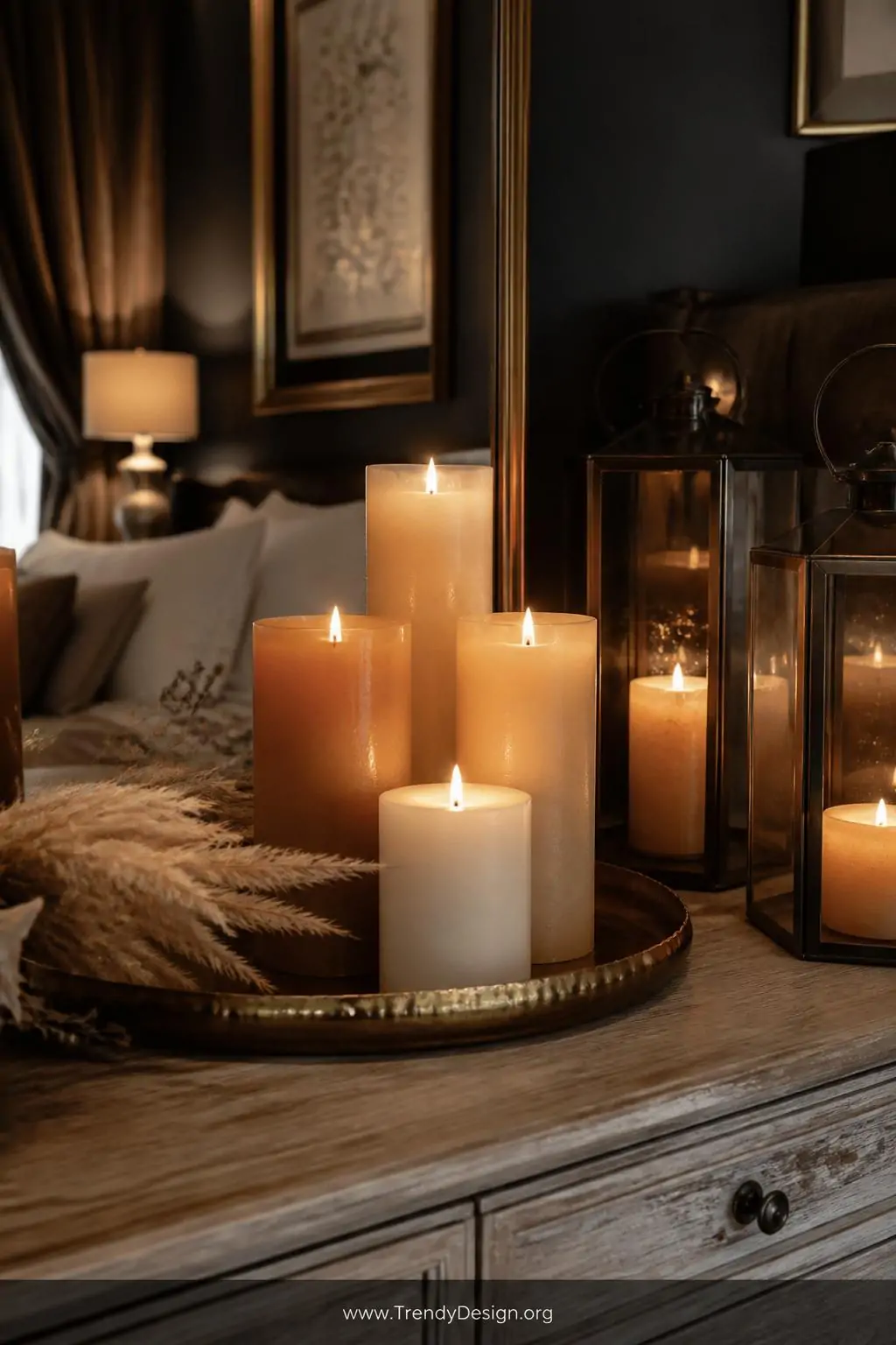 A closeup photorealistic interior design photograph of a romantic bedroom dresser vignette displaying a curated grouping of f