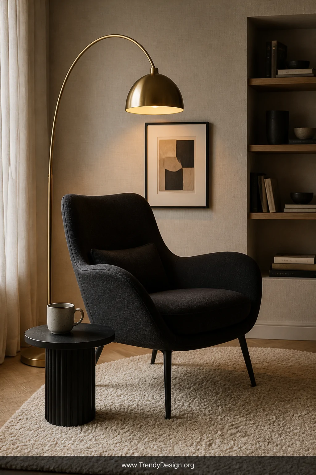 Medium photorealistic interior shot of a sculptural matte black armchair with elegant curved silhouette and slim tapered legs