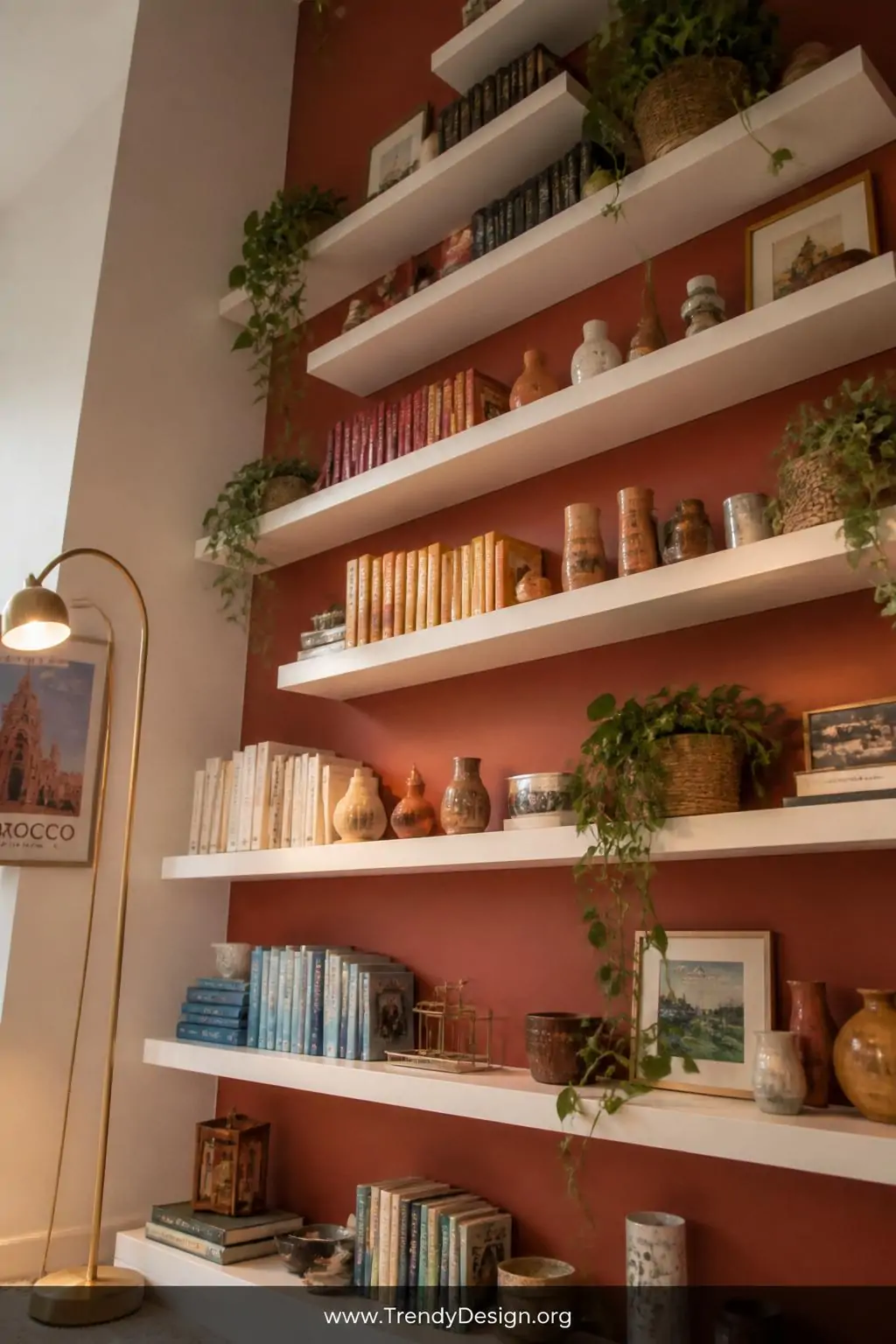 A photorealistic wide-angle shot looking up toward floor-to-ceiling white floating shelves arranged in a staggered gallery la