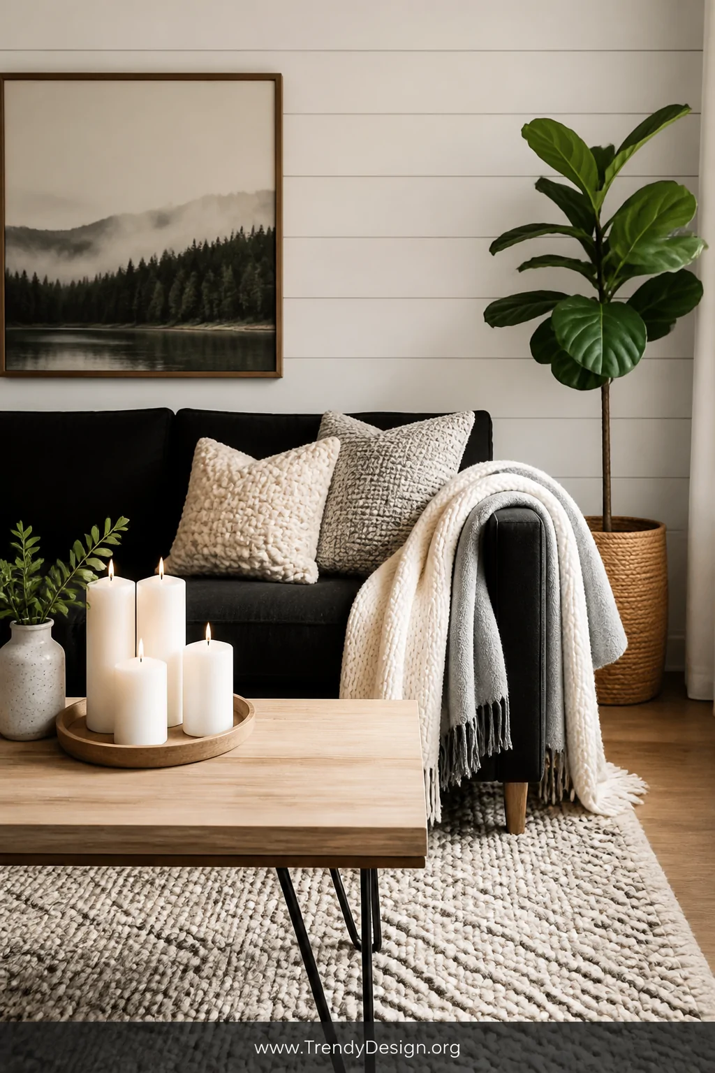 Medium shot of a Scandinavian living room with a black sofa positioned against a crisp white shiplap wall, cream and soft gra