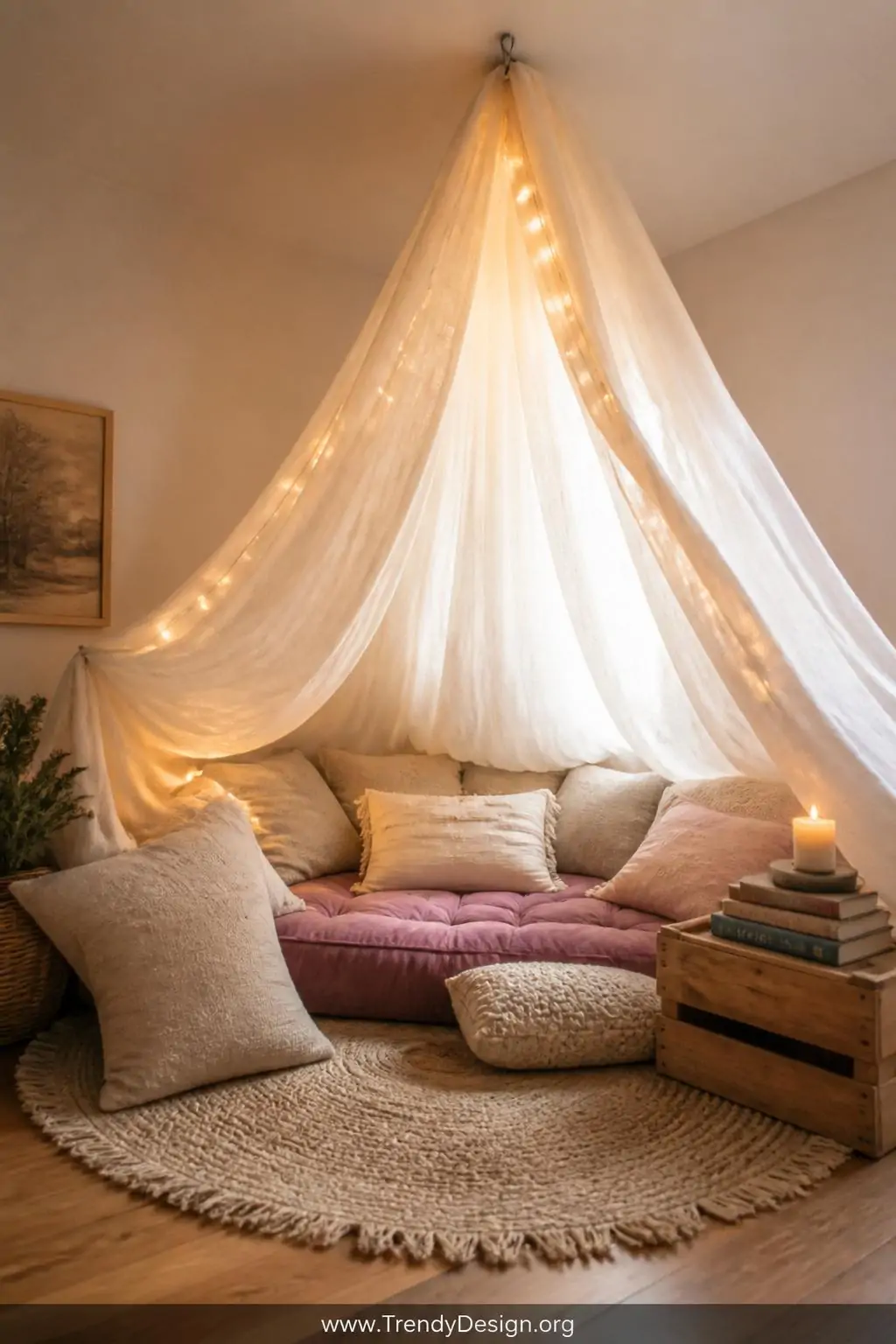 A dreamy canopy reading nook on a bedroom floor where warm white fairy lights and billowing sheer ivory fabric drape from a c
