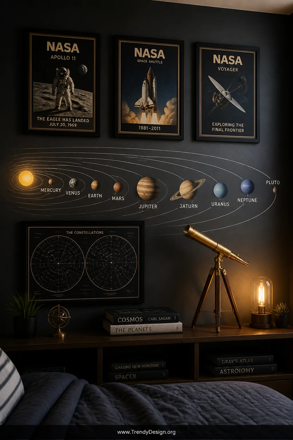 Detail photorealistic shot of a styled bedroom wall gallery featuring framed vintage NASA posters in matching black frames, a