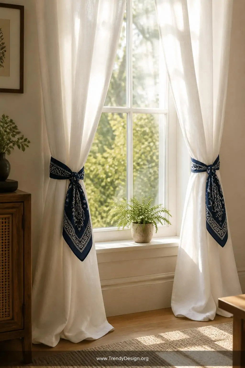 Medium shot of a sunlit window dressed in floor-length white linen curtain panels gathered and tied back with a folded navy a