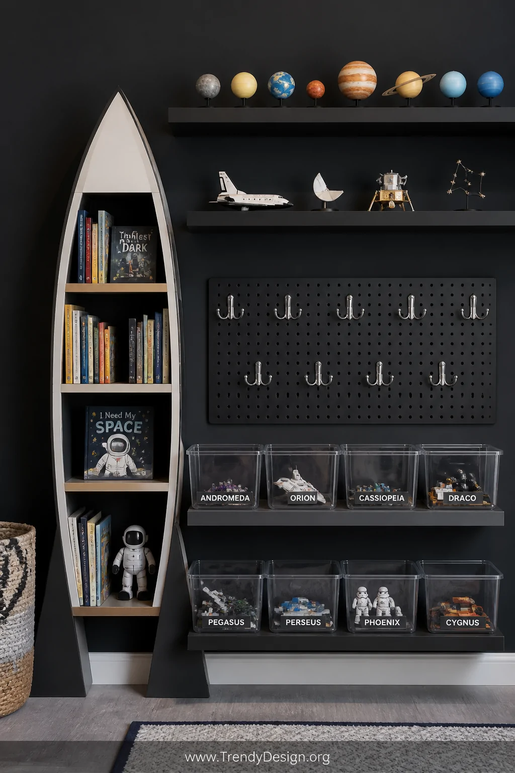 Detail photorealistic interior shot of a children's room wall storage system featuring dark-painted floating shelves at gradu