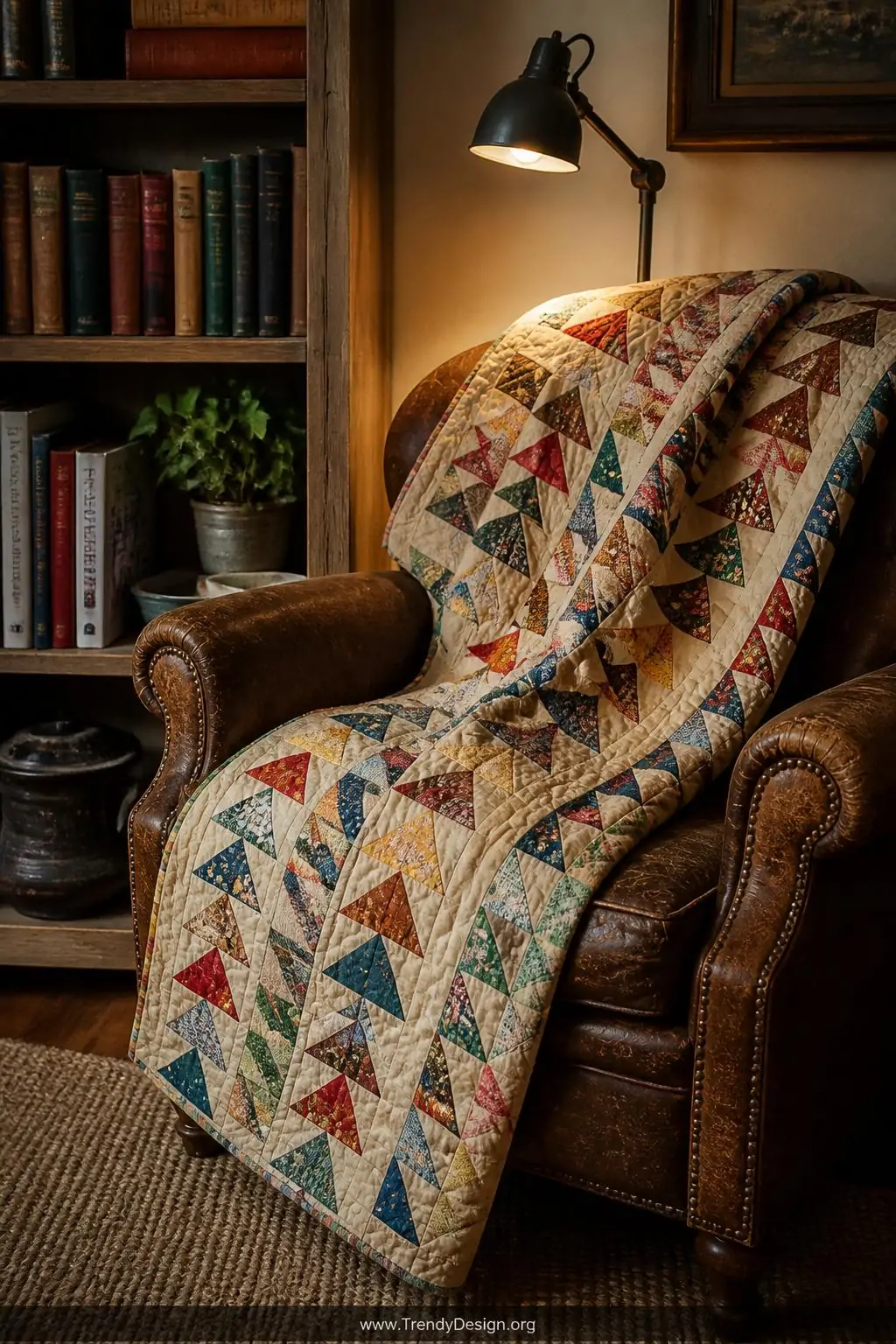 Medium shot of a scrappy flying geese border quilt folded casually over a worn leather armchair beside a rustic bookshelf, do