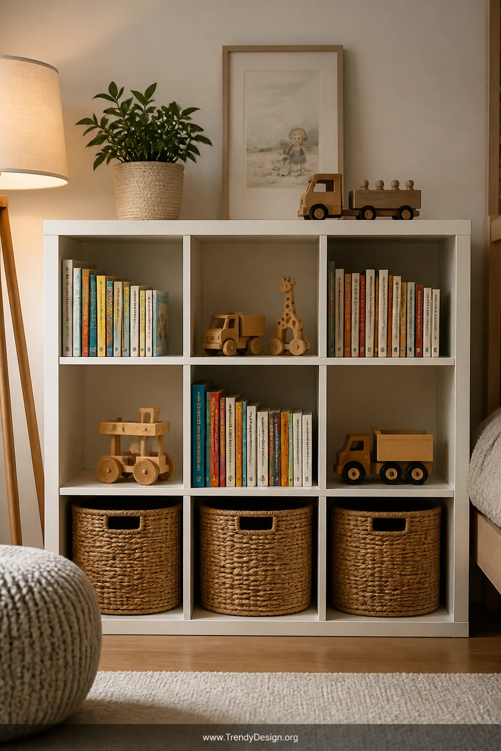 Medium photorealistic shot of a styled IKEA KALLAX shelving unit in white against a warm white wall, filled with neatly arran