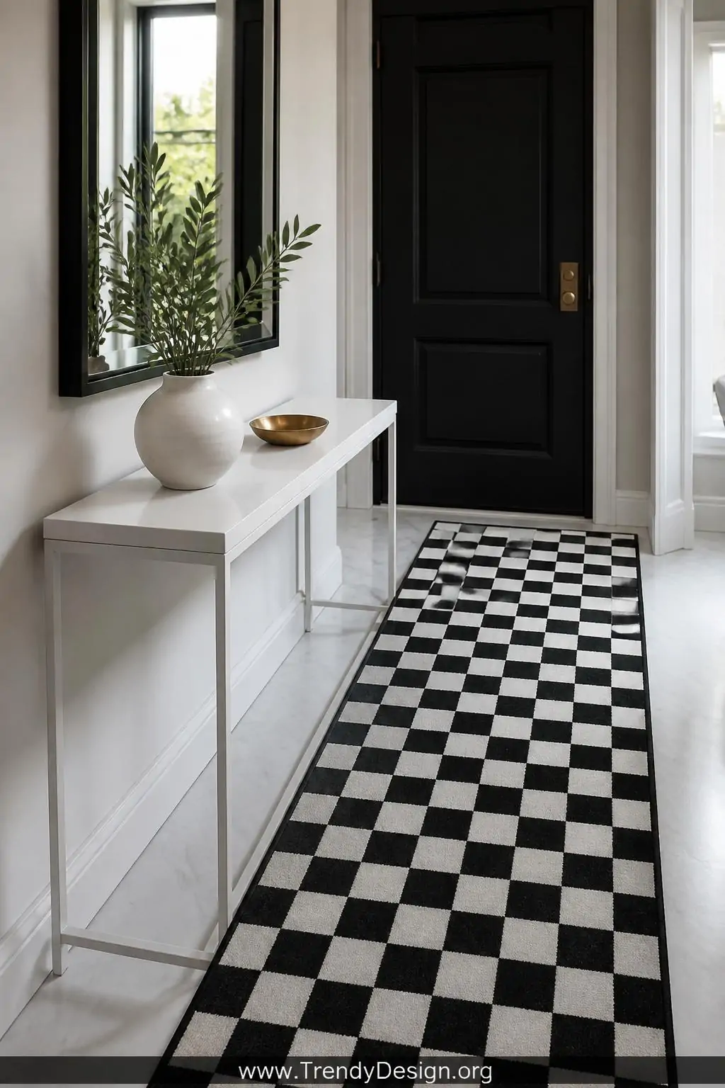 A medium photorealistic entryway shot showcasing a bold black and white checkerboard-patterned polypropylene runner laid over