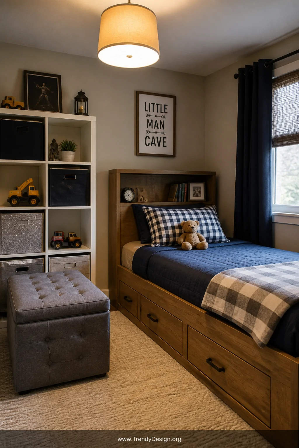 Medium photorealistic interior shot of a compact toddler boy's bedroom showcasing multitasking furniture, including a low bed