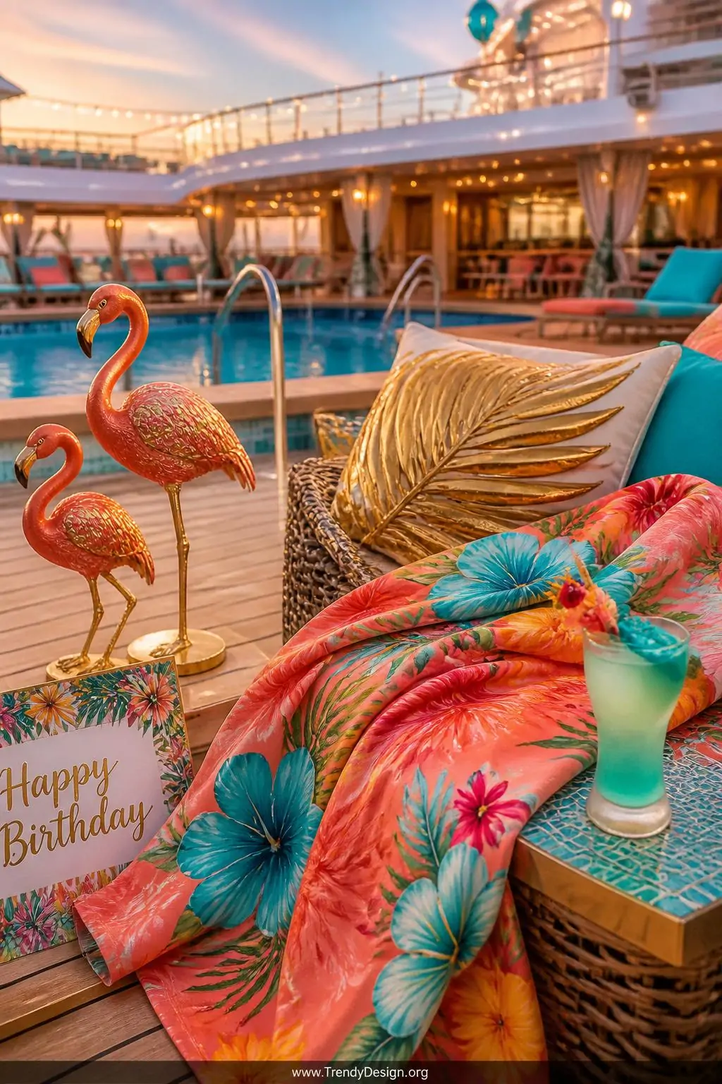 A medium-shot photorealistic interior design scene of a cruise ship pool deck styled in explosive tropical birthday celebrati