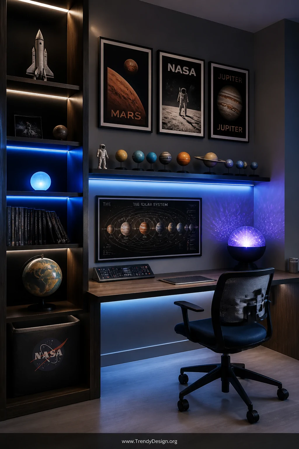 Medium photorealistic interior shot of a sleek kids mission control desk setup with dark wood shelving, blue and white LED st