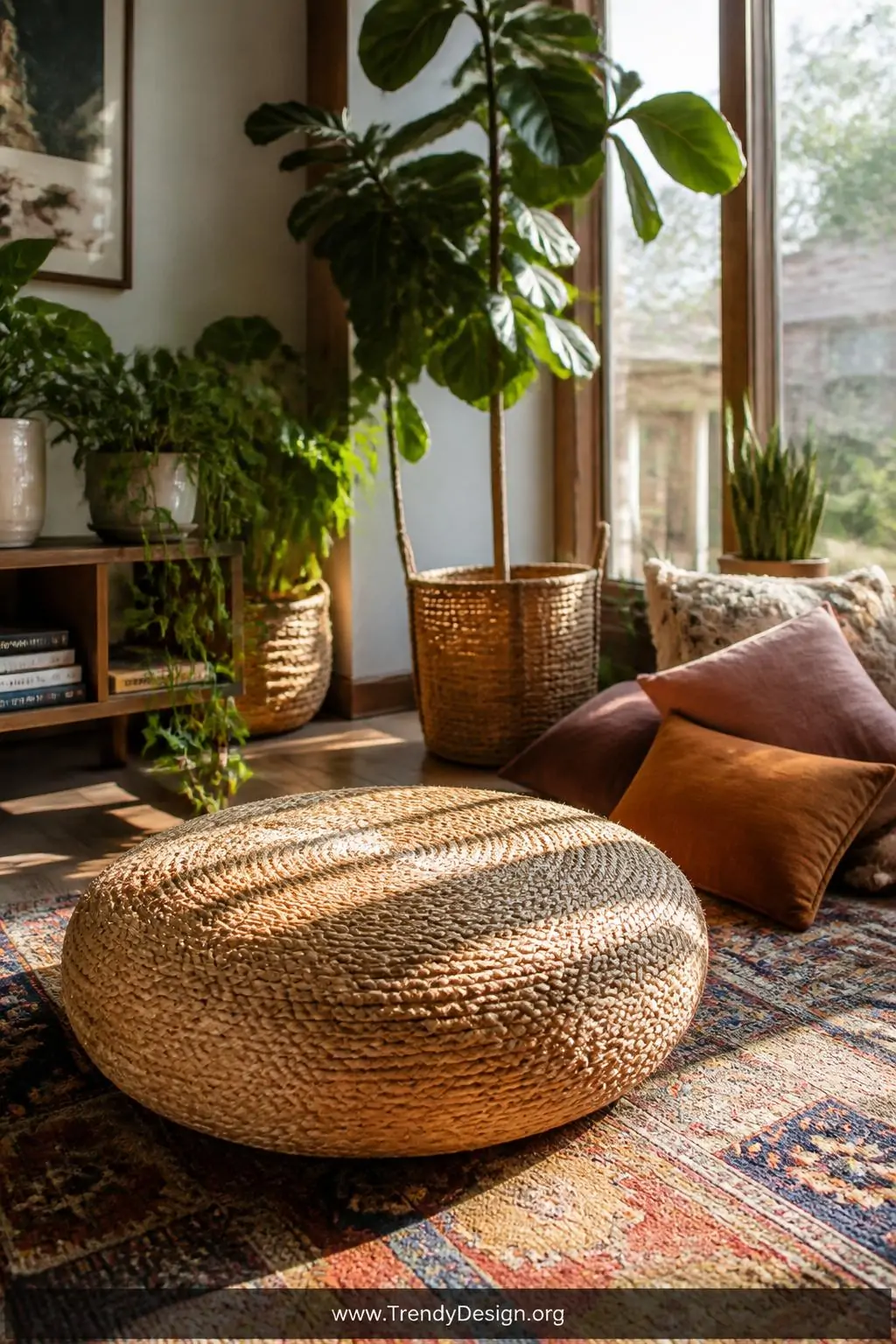 A medium-shot photorealistic interior of a sunlit bohemian living room corner featuring a natural jute woven poof resting ato