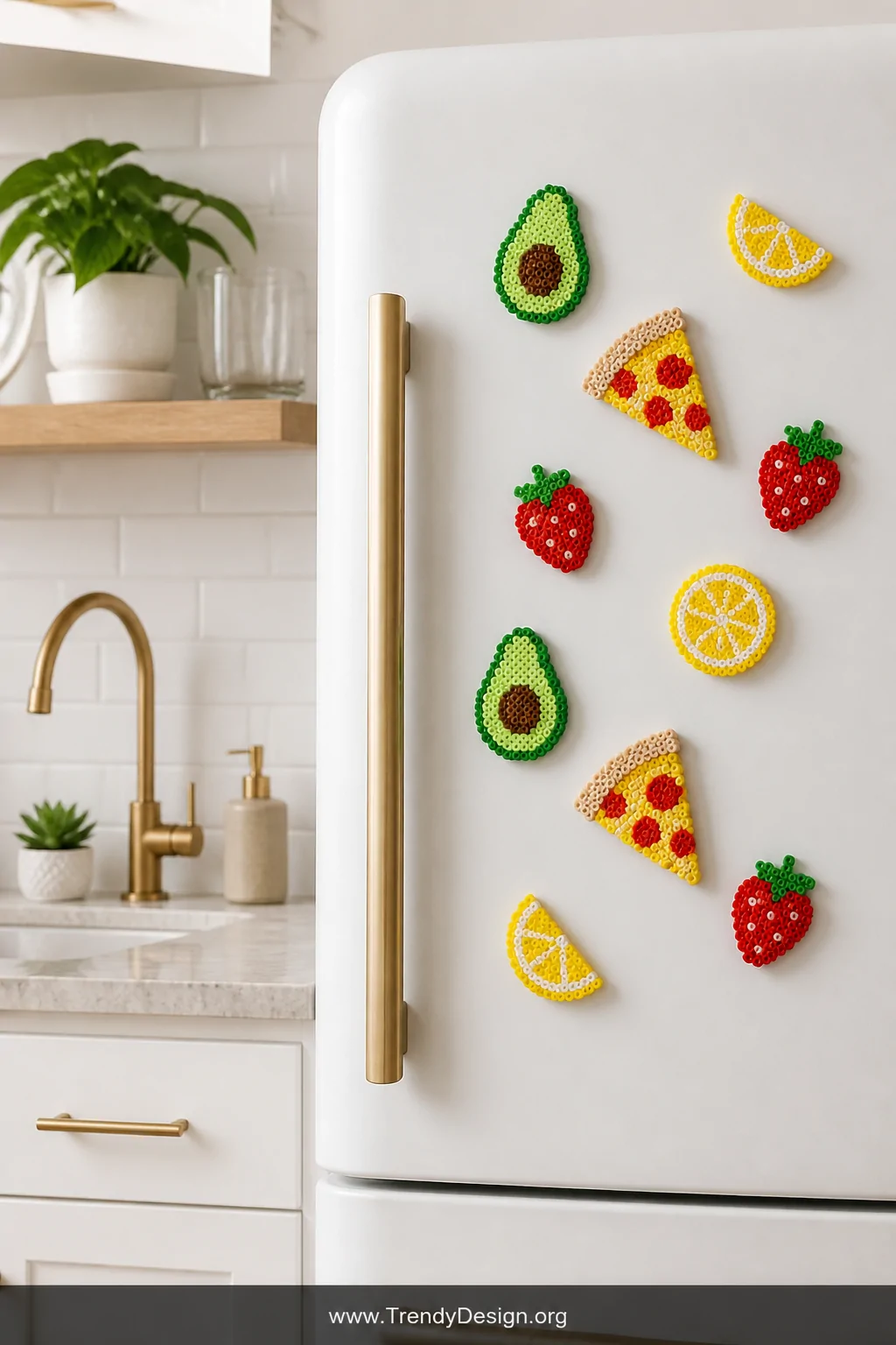A medium shot of a modern kitchen refrigerator door styled with clusters of tiny colorful Perler bead magnets shaped like avo