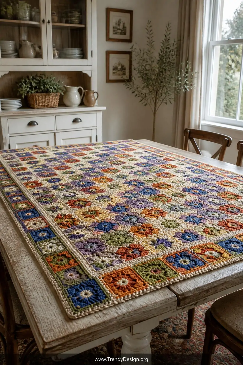 A wide photorealistic interior shot of a colorful C2C blanket spread across a weathered farmhouse dining table, its edge fini