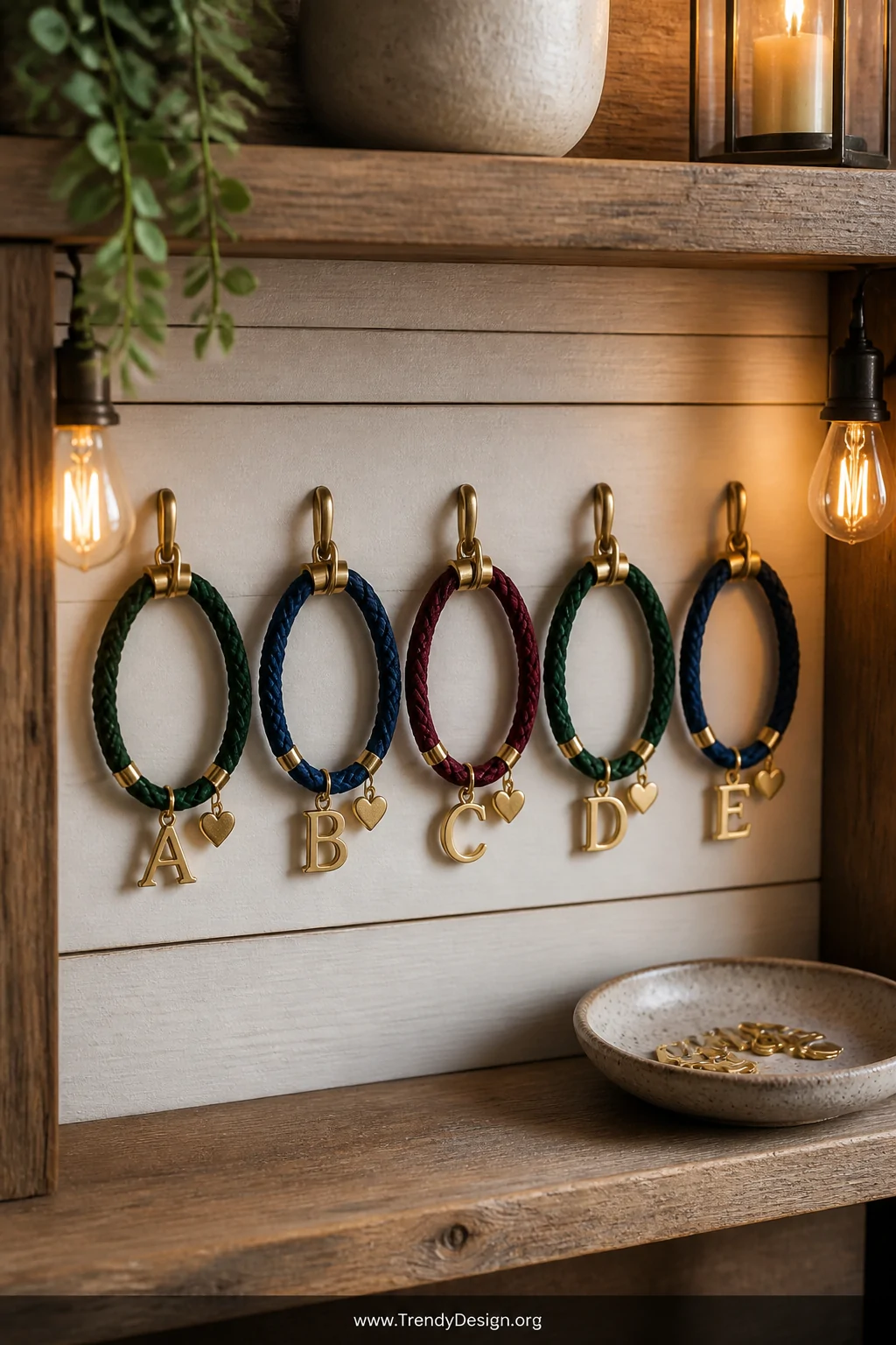 A medium shot of a reclaimed wood craft shelf with white shiplap backing and warm Edison bulb accent lighting, displaying fiv