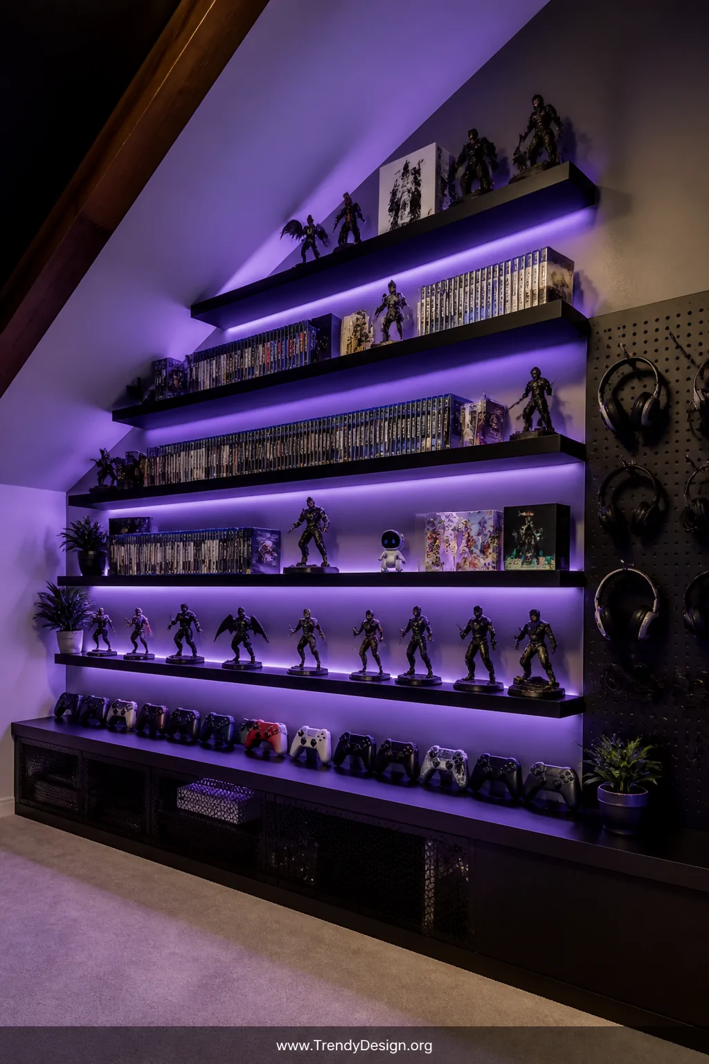 Medium photorealistic interior shot looking up at a sloped loft wall lined with backlit floating shelves displaying rows of g