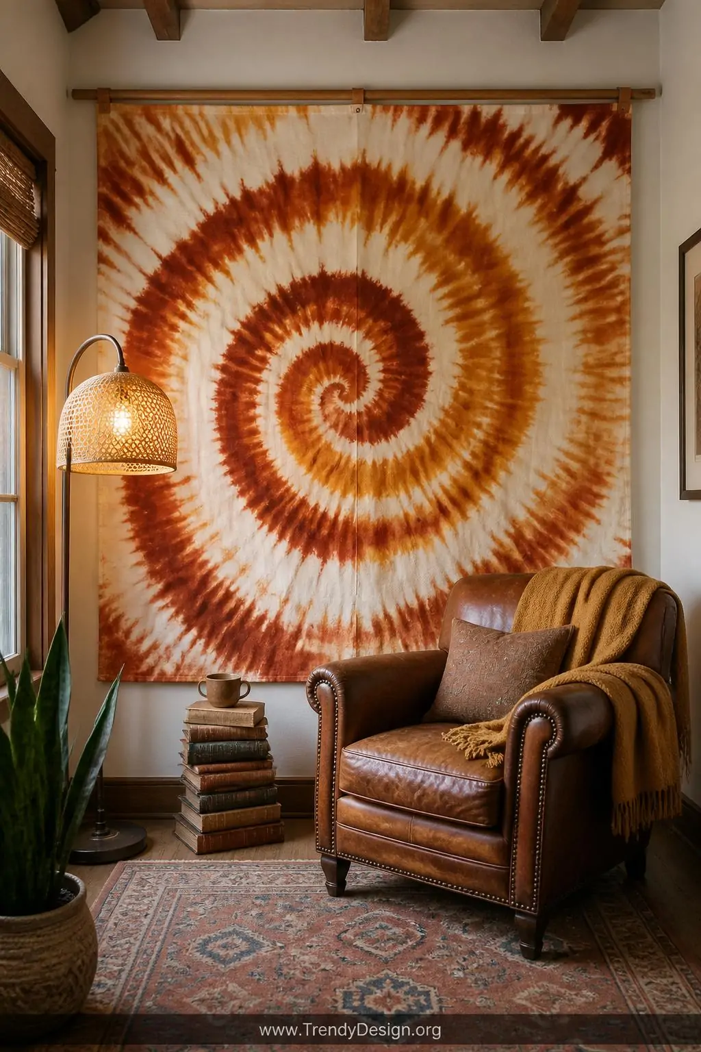 Wide shot of a cozy reading nook with a massive hand-dyed white cotton tapestry mounted on a raw wooden dowel with leather co