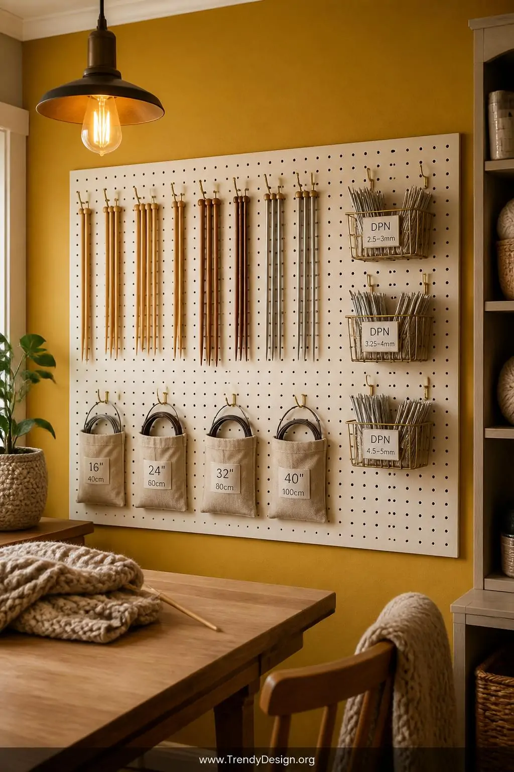 A wide-shot photorealistic craft room interior featuring a large white pegboard mounted on a mustard yellow accent wall, hung