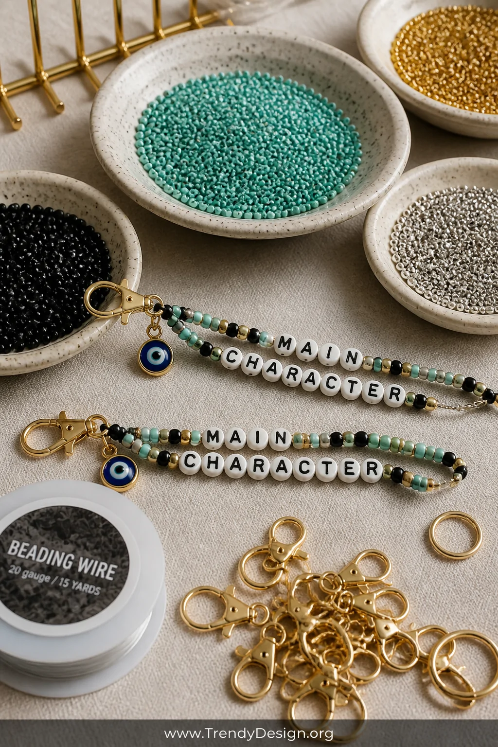 A colorful craft table surface covered in tiny seed beads in turquoise, gold, silver, and matte black arranged in shallow cer