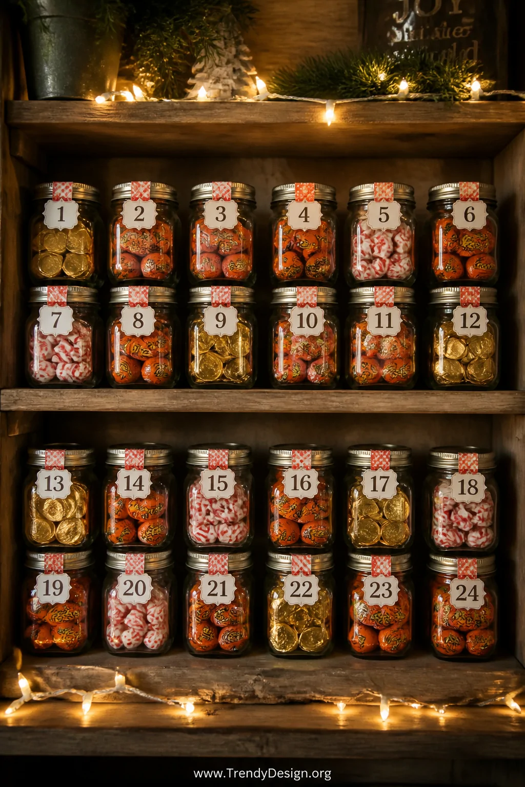 A medium shot of 24 small labeled glass jars arranged in rows on a rustic wooden shelf, each sealed with festive washi tape n