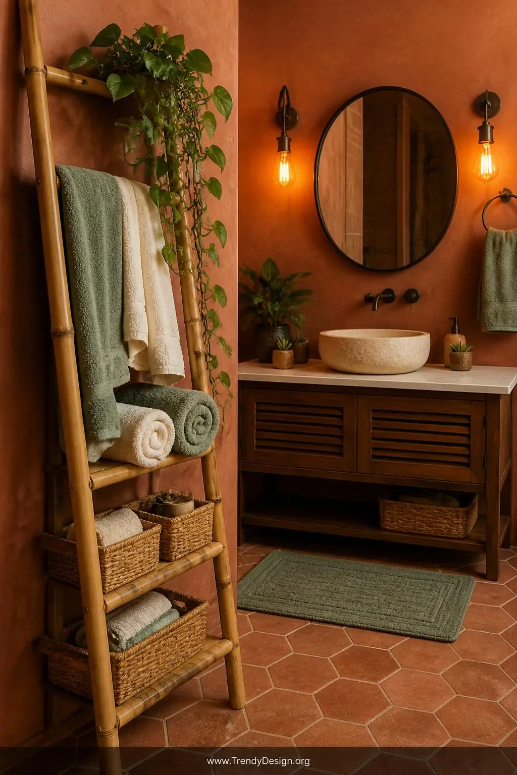 A wide-angle photorealistic interior design shot of a bohemian-styled bathroom with warm terracotta walls and hexagonal floor