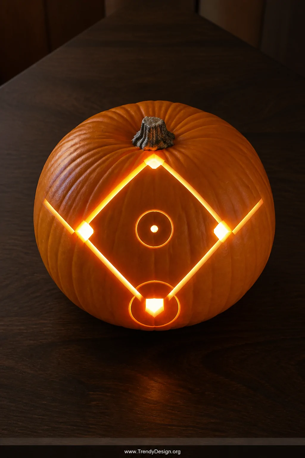 A medium overhead shot looking down at a large round orange pumpkin on a dark walnut wood table, its top surface carved with 