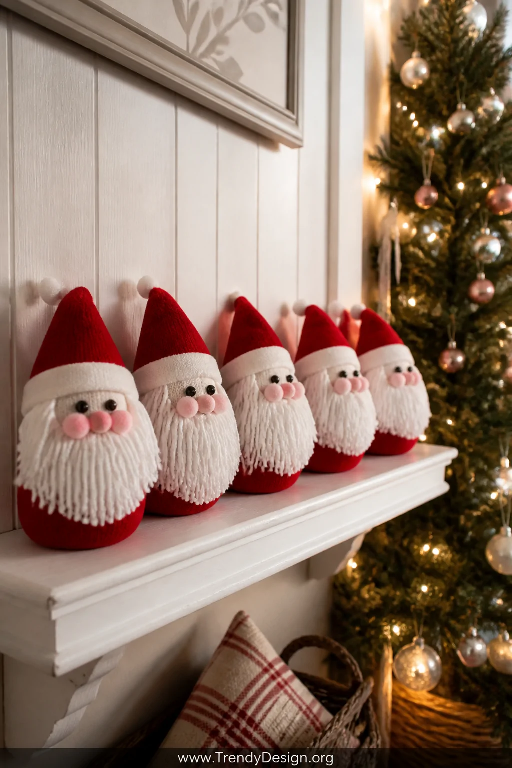 A medium shelf vignette of handmade sock Santa ornaments in red and white tube socks filled and shaped, decorated with red fe