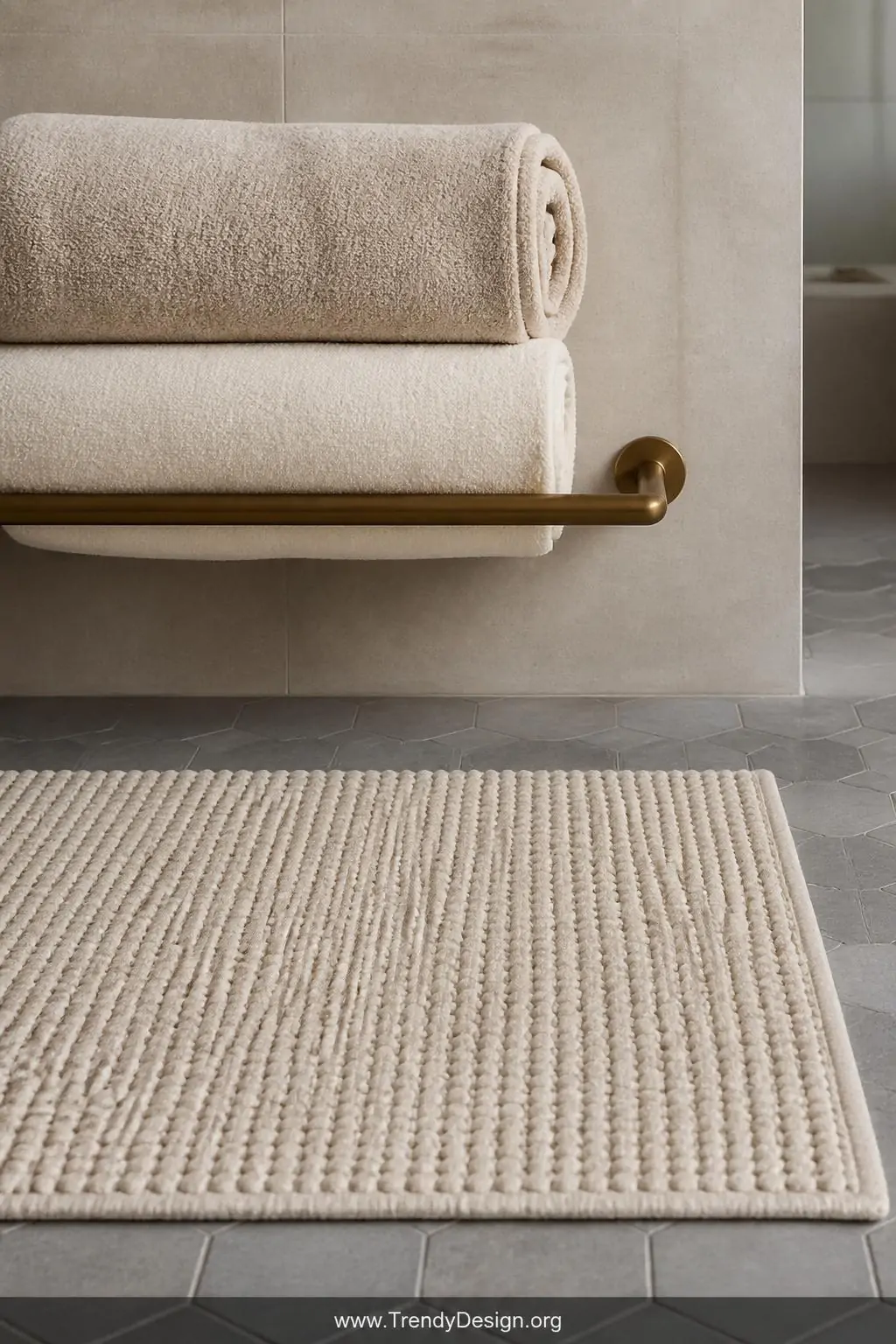 Close-up photorealistic shot of a minimalist bathroom textile vignette, two oversized thick cotton bath towels in warm stone 