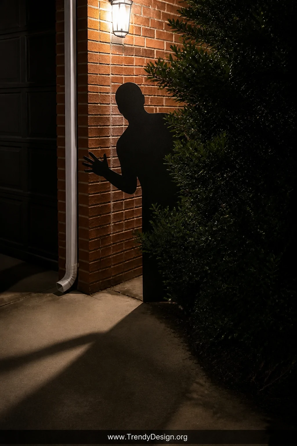Detail closeup of a sharp black cardboard human silhouette peeking around the corner of a red brick house near a dark drivewa