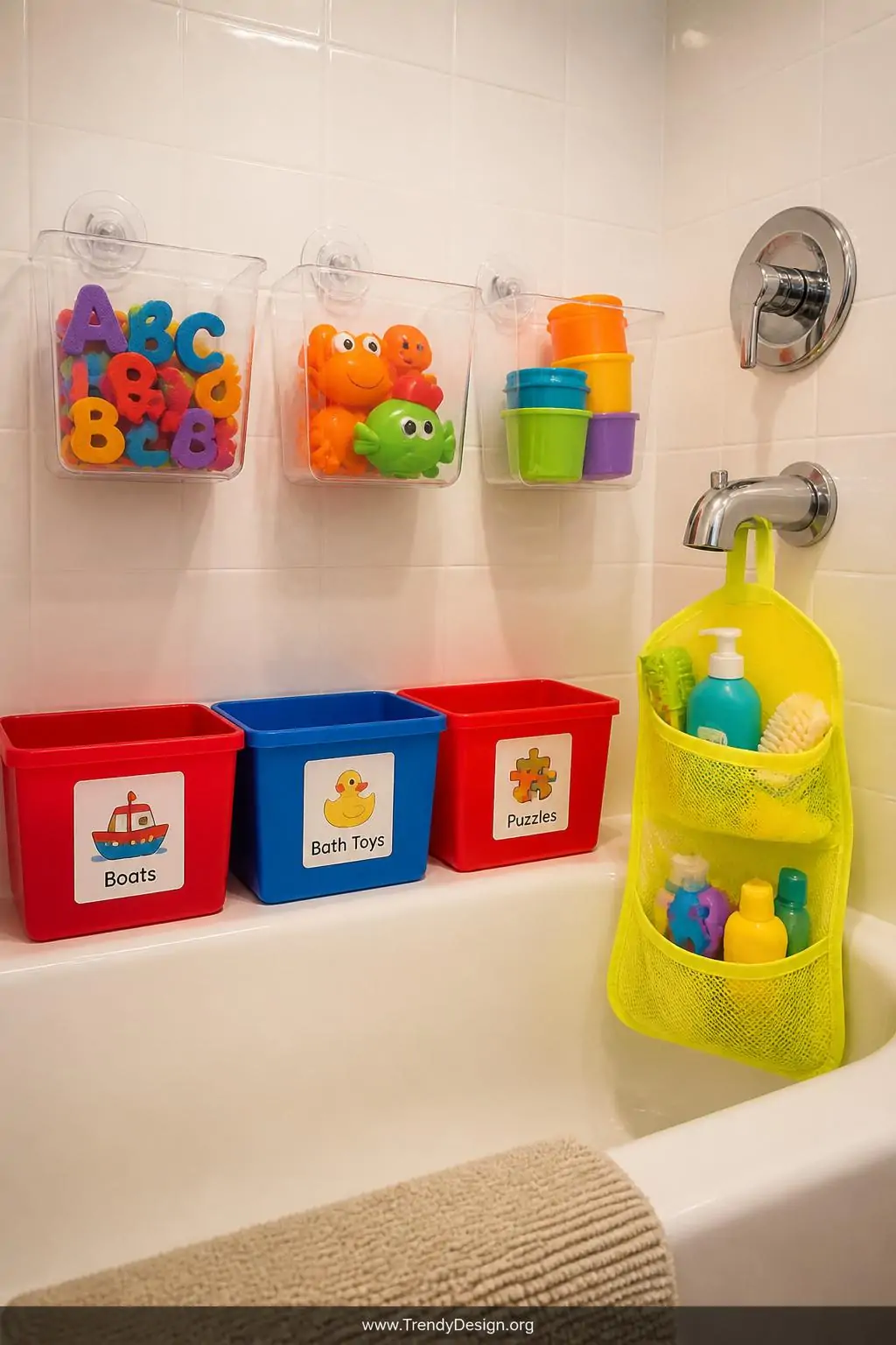 Close-up photorealistic interior shot of a colorful kids' bathroom tub wall organization system, three clear suction-cup toy 