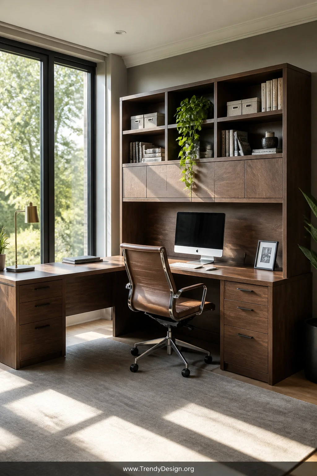 Wide room shot of an elegant L-shaped walnut desk with a built-in hutch featuring open cubbies holding books, small bins, and