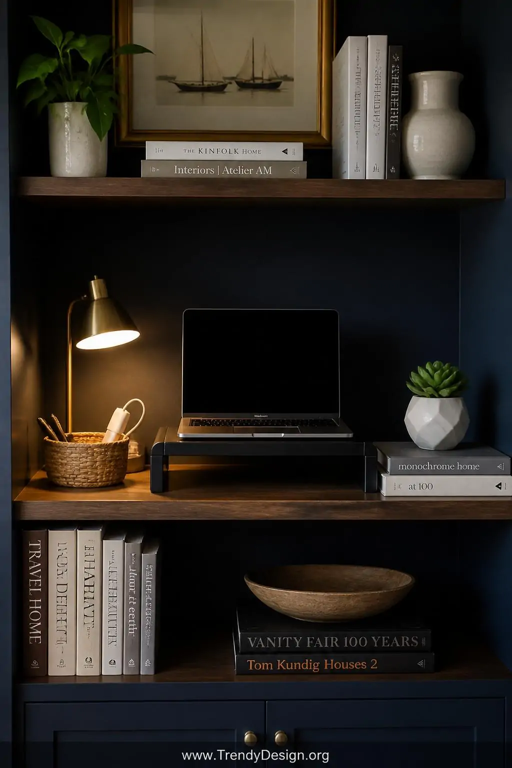 Close-up photorealistic interior shot of a styled mid-level living room bookshelf section repurposed as a compact standing wo