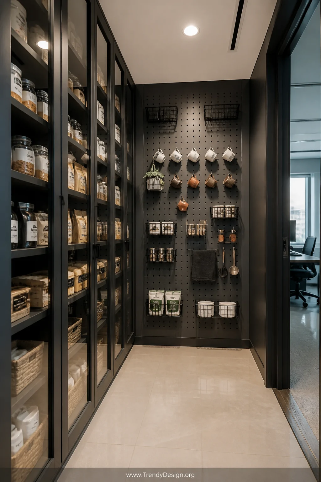 Wide-angle photorealistic interior shot of a narrow office pantry maximizing vertical space with floor-to-ceiling matte charc