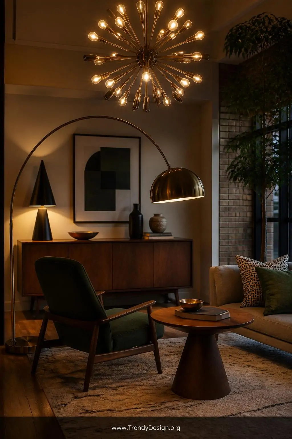 Medium shot of a dramatic brass Sputnik chandelier glowing above a seating area, an arc floor lamp arching over a walnut side