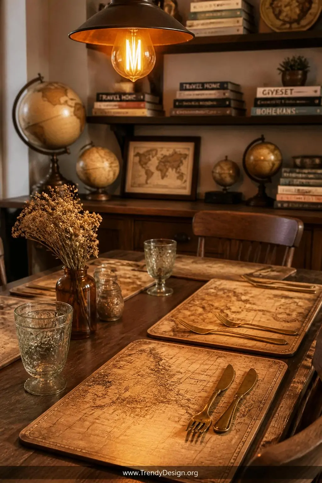 Medium shot of a bohemian dining room table set with decoupage wooden placemats featuring vintage city map imagery sealed und