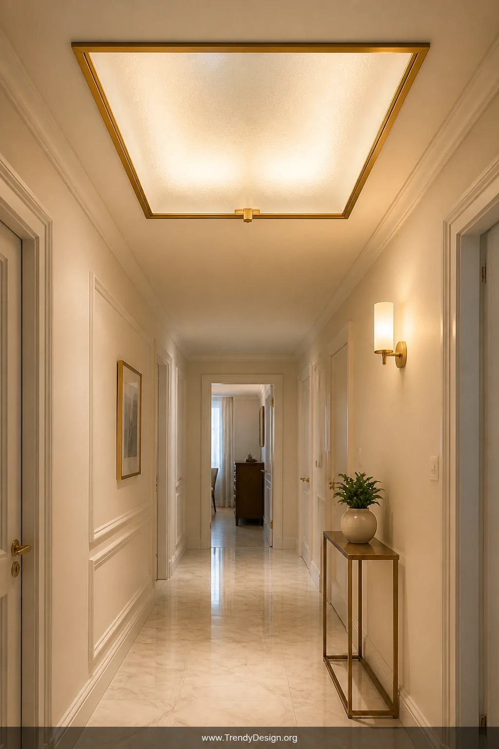 Wide photorealistic interior shot of a softly lit hallway featuring a frosted translucent glass attic access door set into th