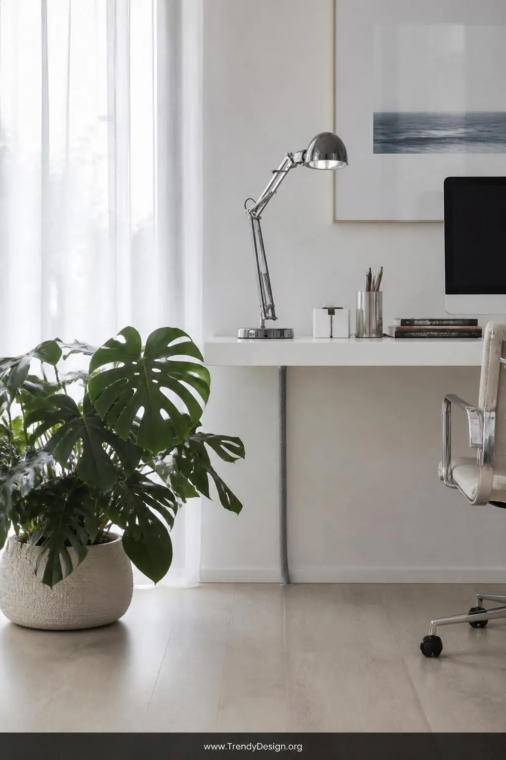 Wide shot of a contemporary workspace with a dove grey braided fabric cable sleeve running in a single clean vertical tube fr